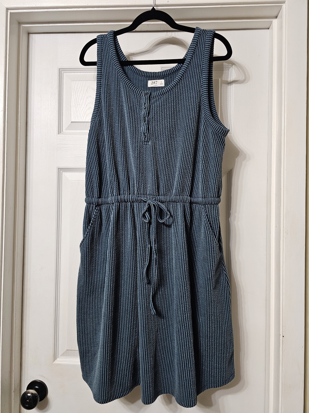 Sleeveless Ribbed Drawstring Midi Dress in Slate Blue by 24/7